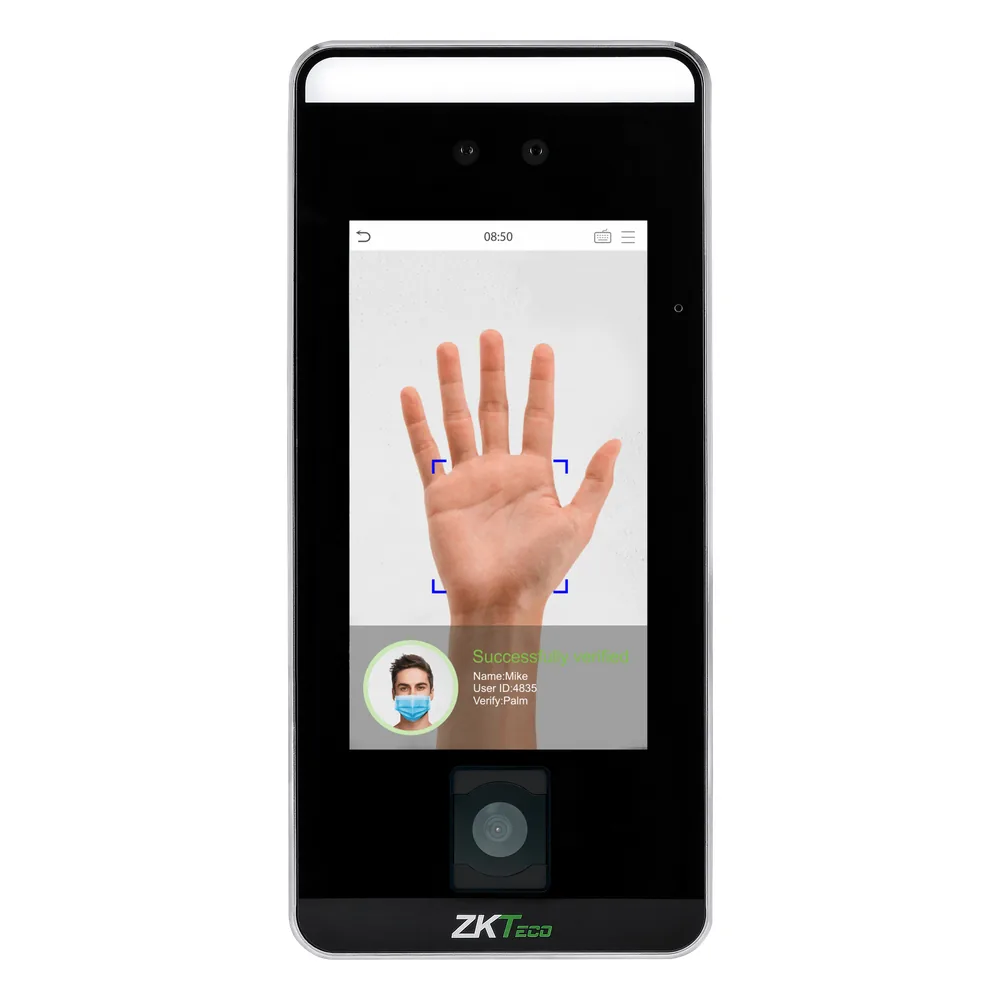 Terminal Biométrico de Reconocimiento Facial / QR Code / Palm Vein / Detección de Mascarillas / Touchless / 5" Touch Screen / 6000 Plantillas Faciales / 3000 Plantillas Palma / WiFi Opcional