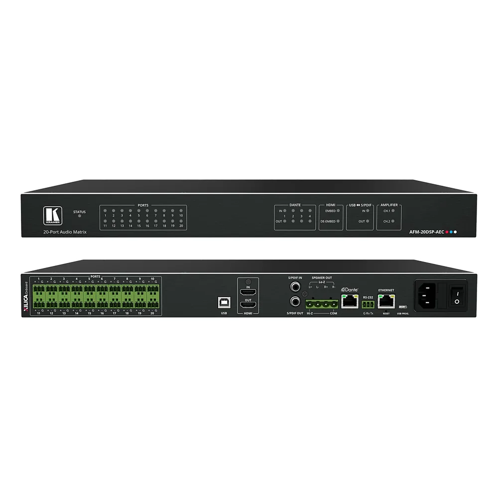 Matriz de Audio Digital | 20 Puertos Analógicos Configurables | DSP Multicanal | AEC | Amplificador 2x60W + 1x120W | Dante 4x4 | HDMI 4K60 | USB Plug & Play | Montaje Rack 1U