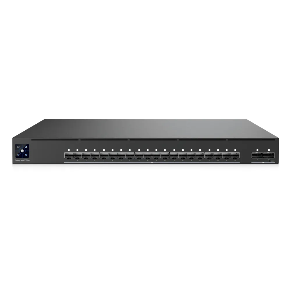 Switch Enterprise AV Capa 3 con 20 Puertos 10G SFP+ y 2 Puertos 100G QSFP28, PTP, AES67, Dante, NDI y SDVoE