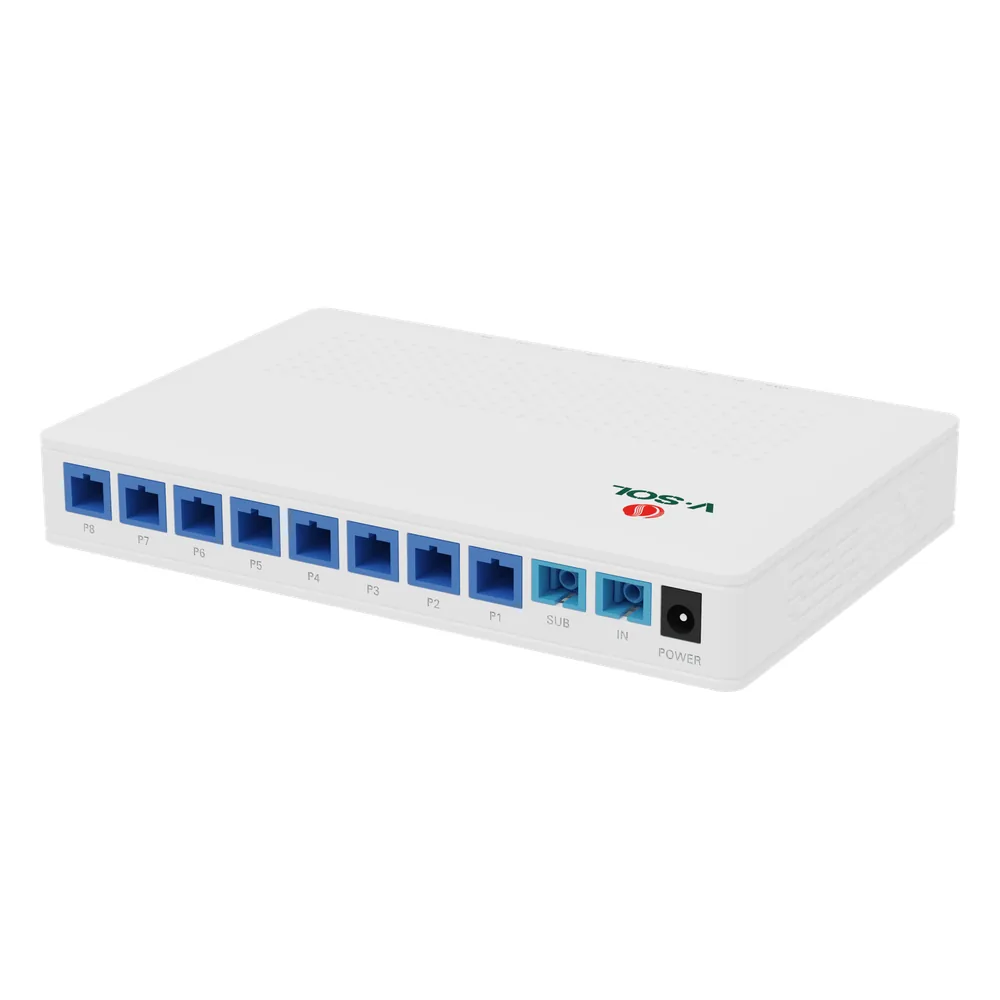 Splitter Activo 1x8 para Alimentación de 8 Dispositivos POF, 1 Puerto de cascadeo para continuidad, puertos SC/UPC