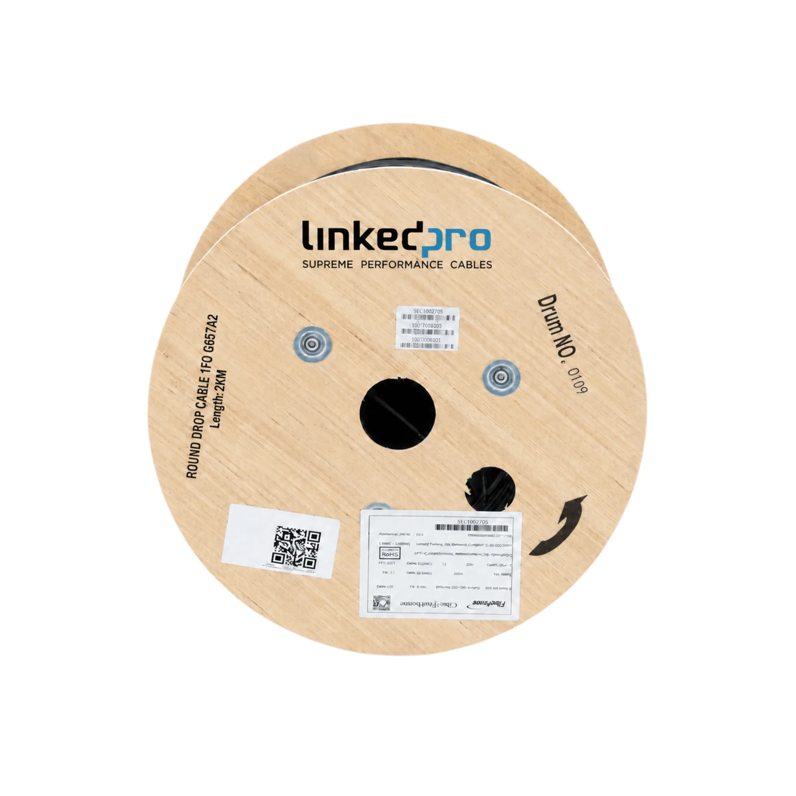 Carrete de 2 km de Fibra Óptica Tipo Drop Redonda (Figura 0) G.657A2, Monomodo, 1 Hilo, Forro de 3 mm