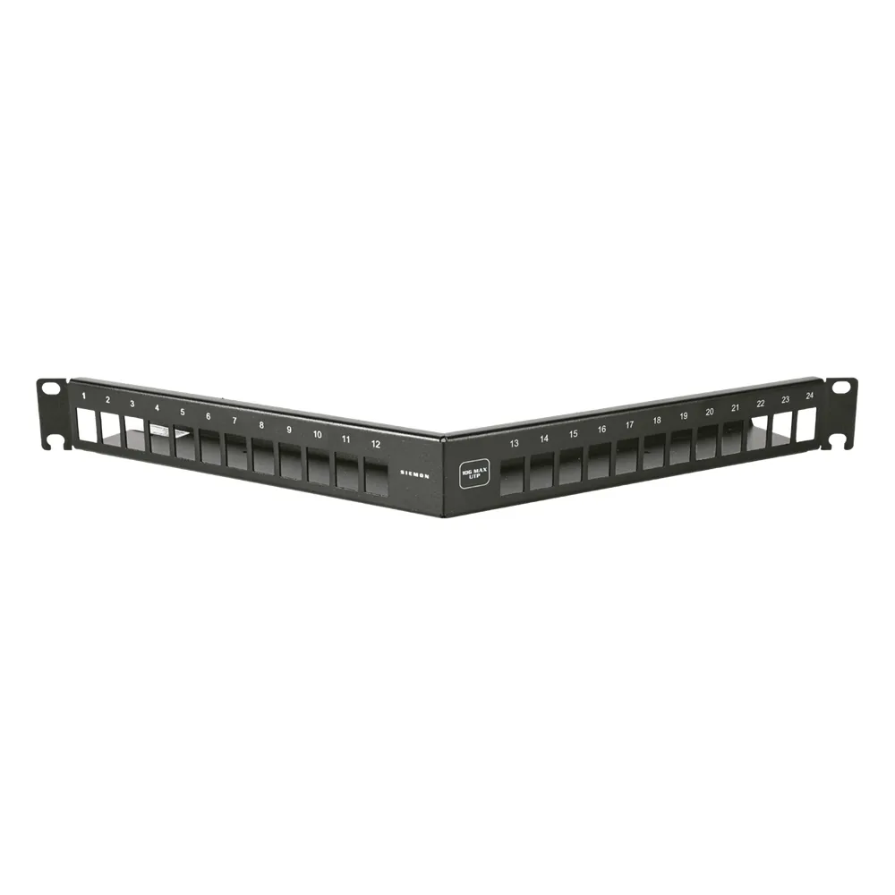 Patch Panel Angulado 10G MAX UTP / 24 Puertos Vacíos / 1U Rack 19" / Compatible Z-MAX® y UltraMAX™ / Color Negro / Administrador de Cable Integrado