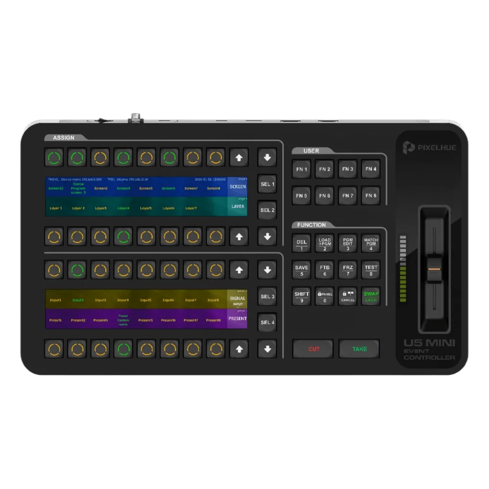 Controlador de Eventos Compacto U5MINI / Pantalla Táctil Principal 21.5" / Pantalla Inteligente 8" / 87 Botones LCD Programables / 4 Encoders y 8 Faders / Control MIDI y KVM / Diseño Plegable / Software PixelFlow / HDMI 2.0 / 12G-S