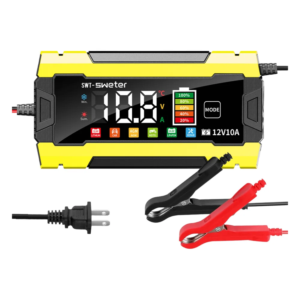 Cargador Inteligente Automático 3 Etapas / 12V 10A / Para Baterías AGM, GEL, SLA, WET, DEEP CYCLE, Litio 12.6V, LiFePO4 14.6V / LCD Display / Protección Inversa y Cortocircuito