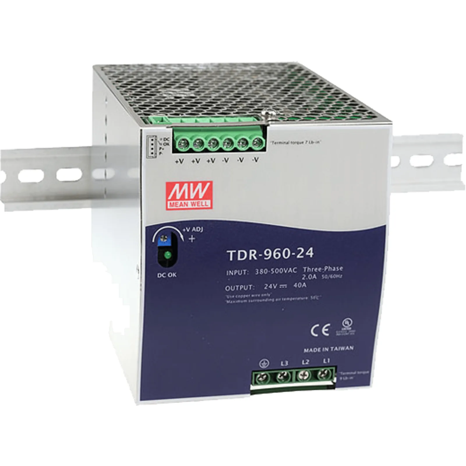Fuente de Alimentación Industrial Trifásica 960W / Rango de Entrada 340 ~ 550VAC / Ancho 110mm / PFC Activo / Eficiencia 94.5% / Protecciones Completa / Montaje en Riel DIN / Corriente Compartida hasta 3840W