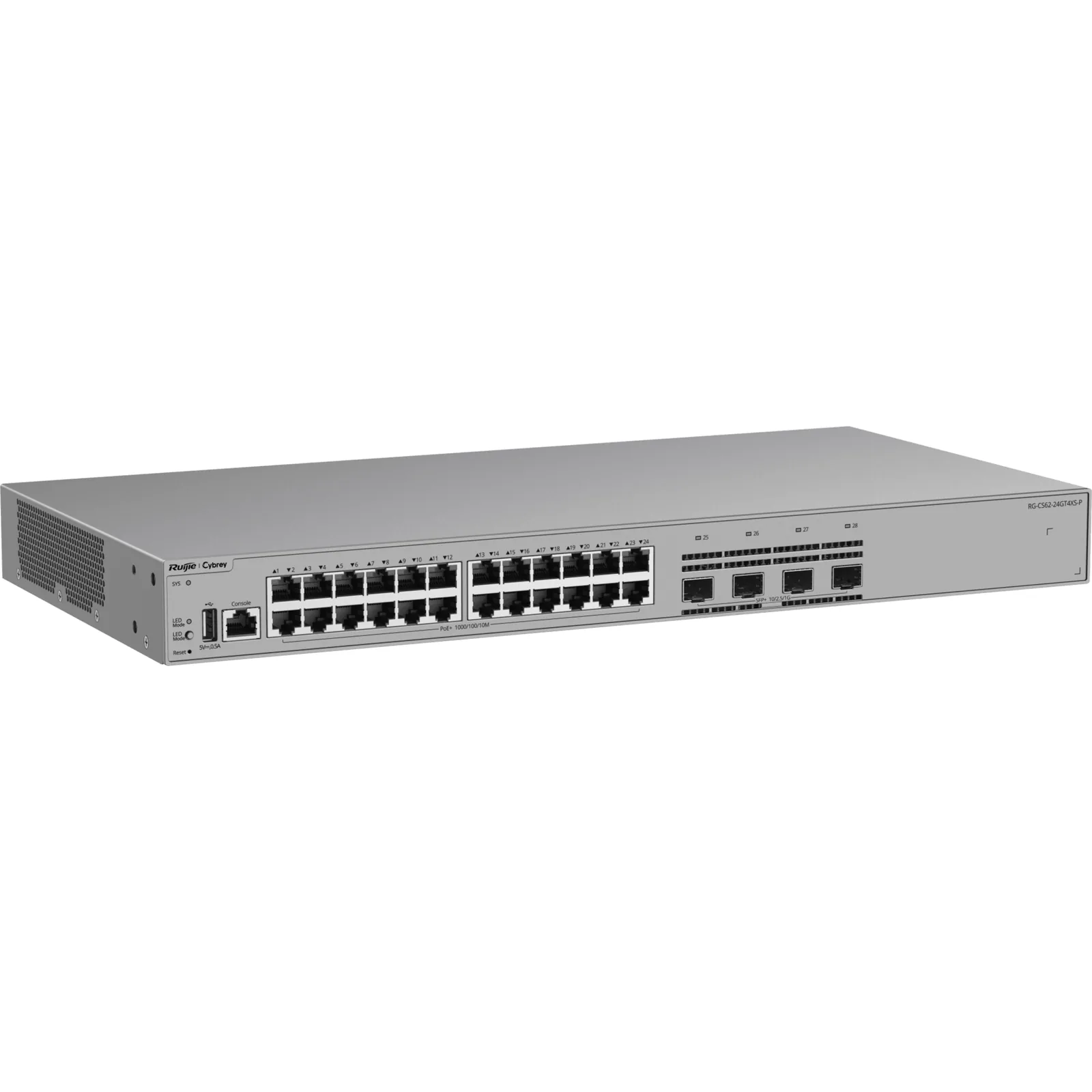 Switch Gigabit PoE+ Gestionable / 24 Puertos 10/100/1000BASE-T PoE+ / 4 Puertos SFP+ 1GE/2.5GE/10GE / Capacidad 128 Gbps / Tasa de Reenvío 95.232 Mpps / PoE Budget 370 W / Protección Sobretensión 10 kV / VSU / Línea Cybrey