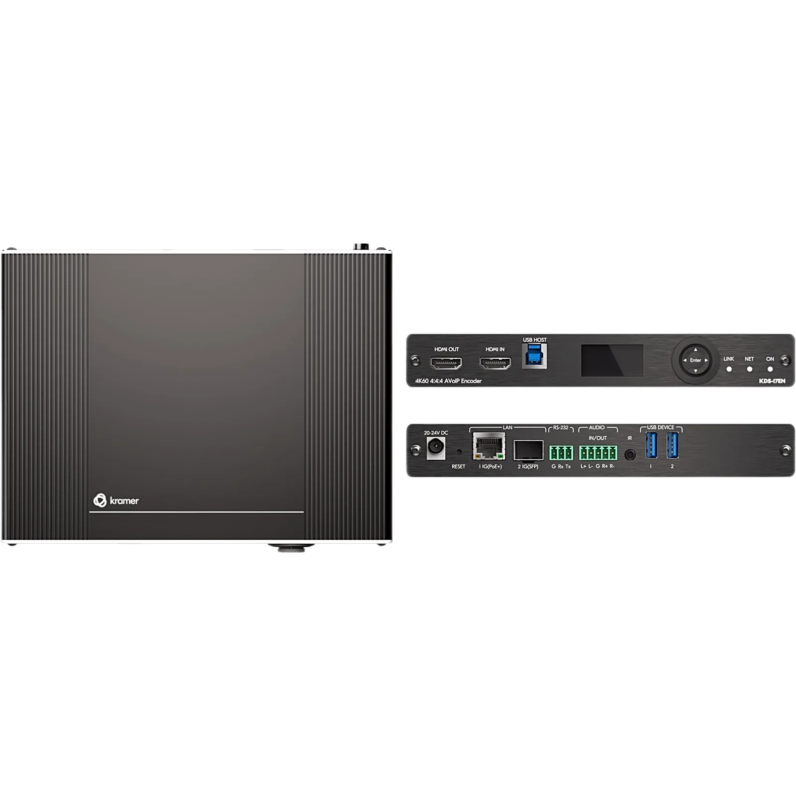 Codificador AVoIP 4K60 4:4:4 | Transmisión por Ethernet o Fibra | Audio Dante, USB, IR, RS-232, CEC | Códec Visualmente Sin Pérdidas | PoE+ | Gestión por Web y API