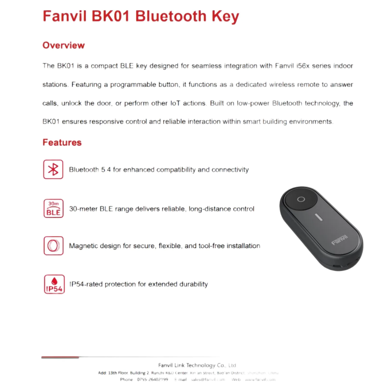 Bluetooth Key / 1 Botón Programable / Bluetooth 5.4 / Alcance 30 m (98.4 ft) / IP54 / Batería 300 mAh / Magnético