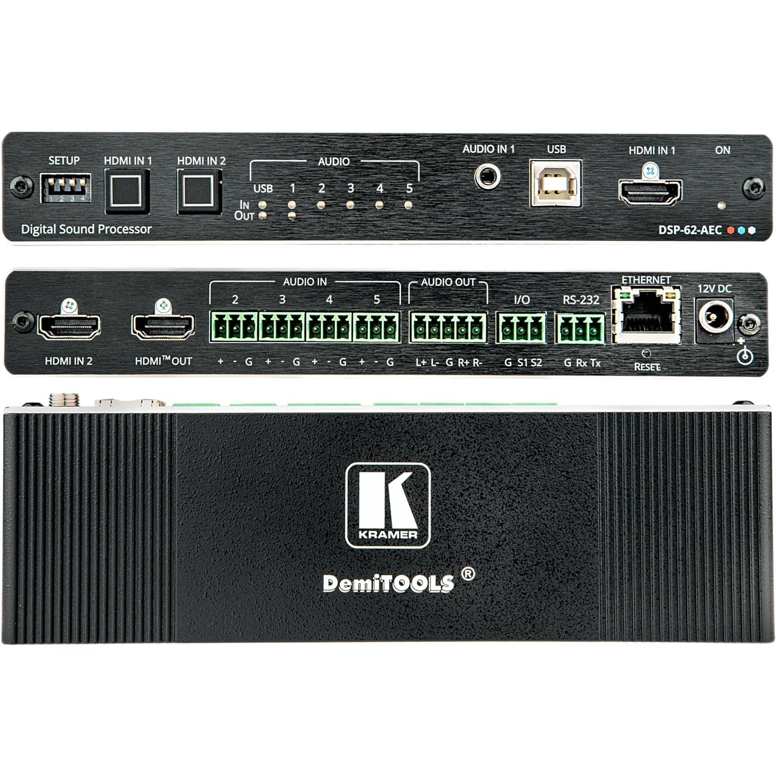 Matriz de Audio DSP 6x2 | DSP Multicanal | Cancelación de Eco Acústico AEC | De-embedding HDMI | Interfaz USB Audio Clase Compatible | 4K@60Hz (4:4:4) | PoE o Adaptador 12V DC | Carcasa DemiTOOLS