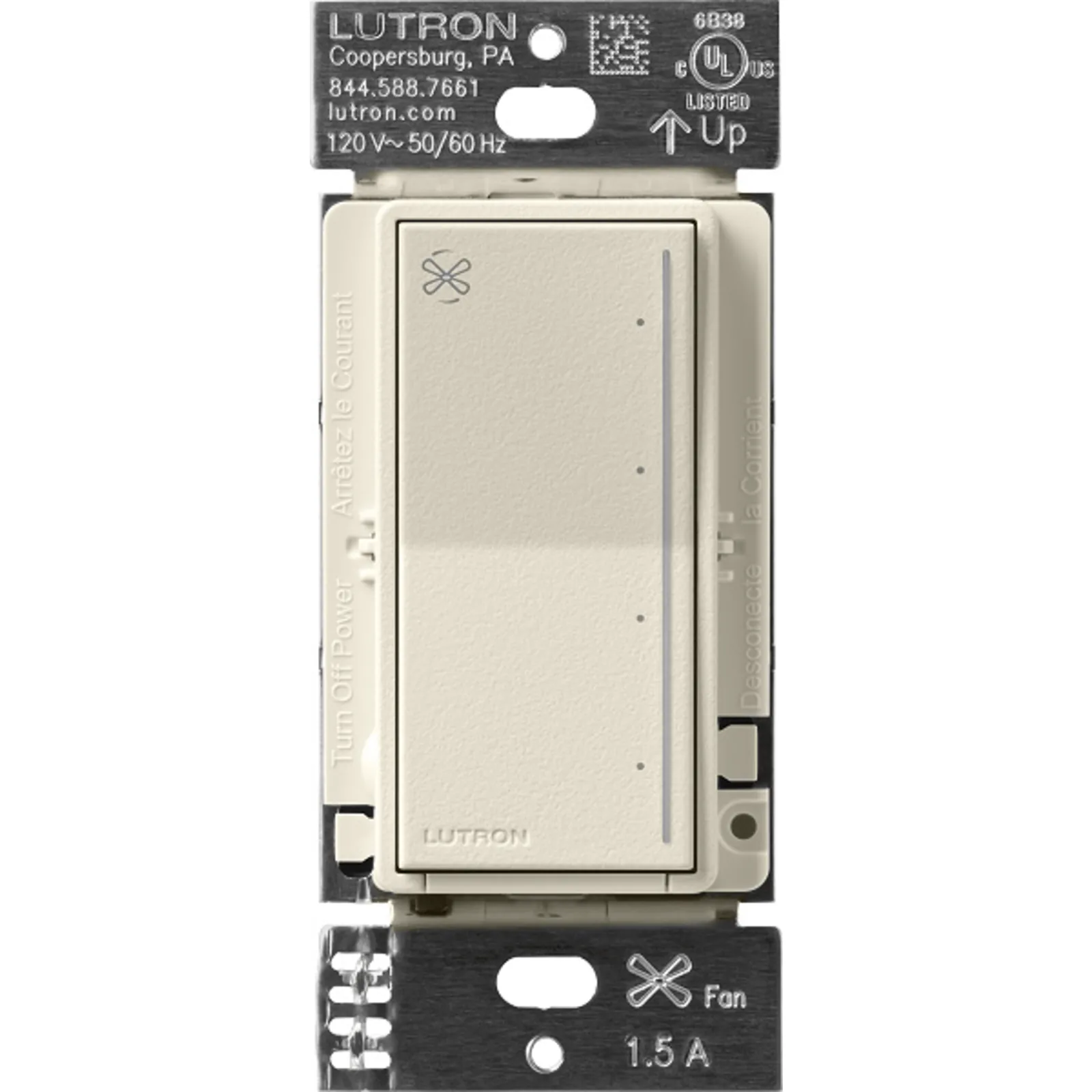 Control de ventilador de techo táctil de 4 velocidades para un ventilador tipo paleta AC, con barra luminosa, sistema RadioRA 3