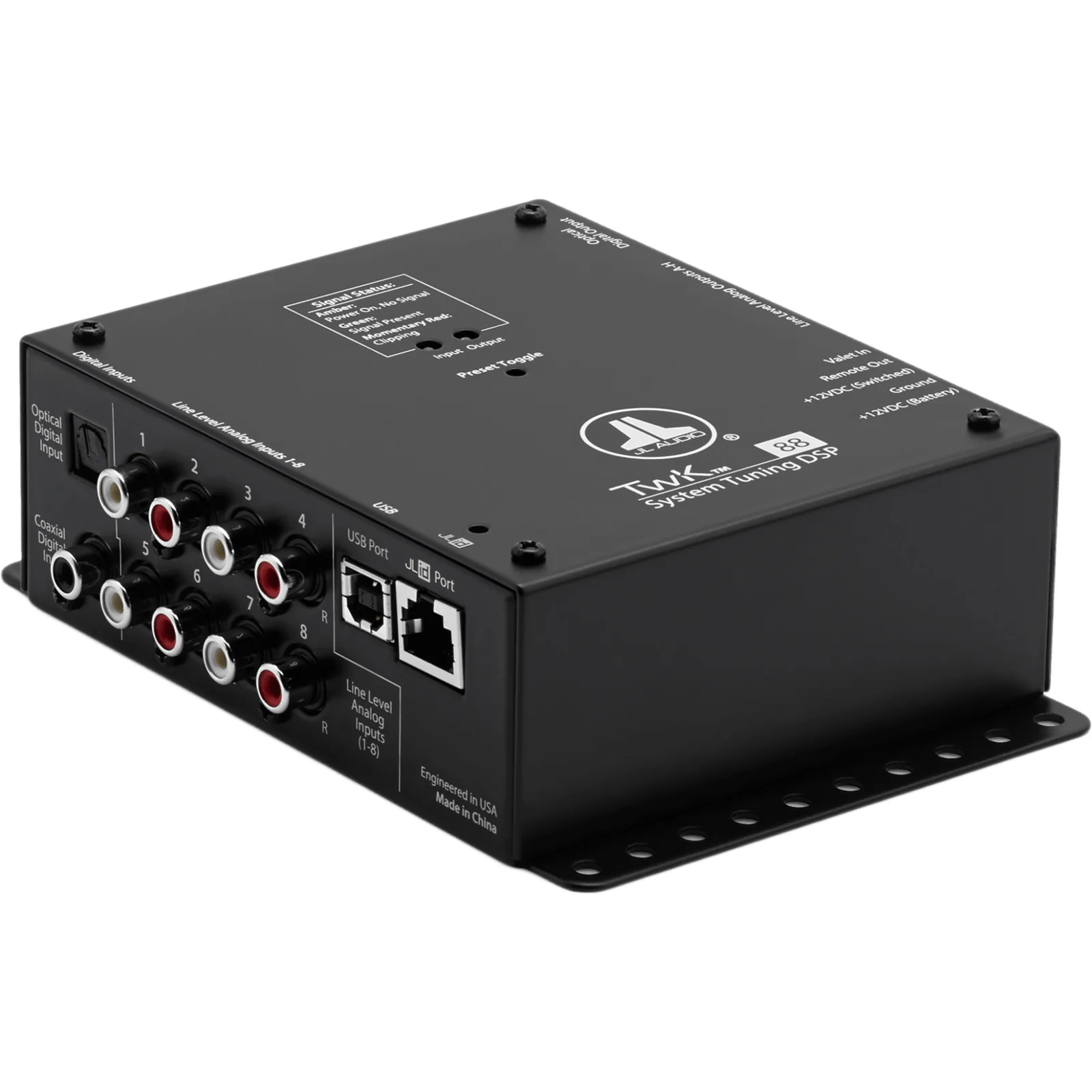 Procesador de Señal Digital (DSP) / 8 Canales de Entrada y 8 de Salida / Resolución 24 bit/48 kHz / Ajuste de Sistemas JL Audio TwK / Control de Nivel Remoto DRC-200 / Salida Óptica Toslink S/PDIF / Entrada Digital TwK-D8