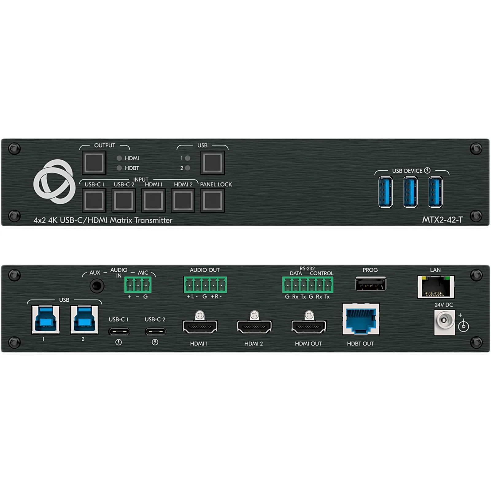 Transmisor Matricial Integrado | 2 Entradas USB-C y 2 HDMI/USB | Salidas HDMI y HDBaseT | USB 2.0 sobre HDBT | DSP de Audio Integrado | HDCP 2.2 | 4K60 18 Gbps | Carga USB-C hasta 60 W | Extensión hasta 70 m (230 ft) | Montaje Bajo Mesa o Podio