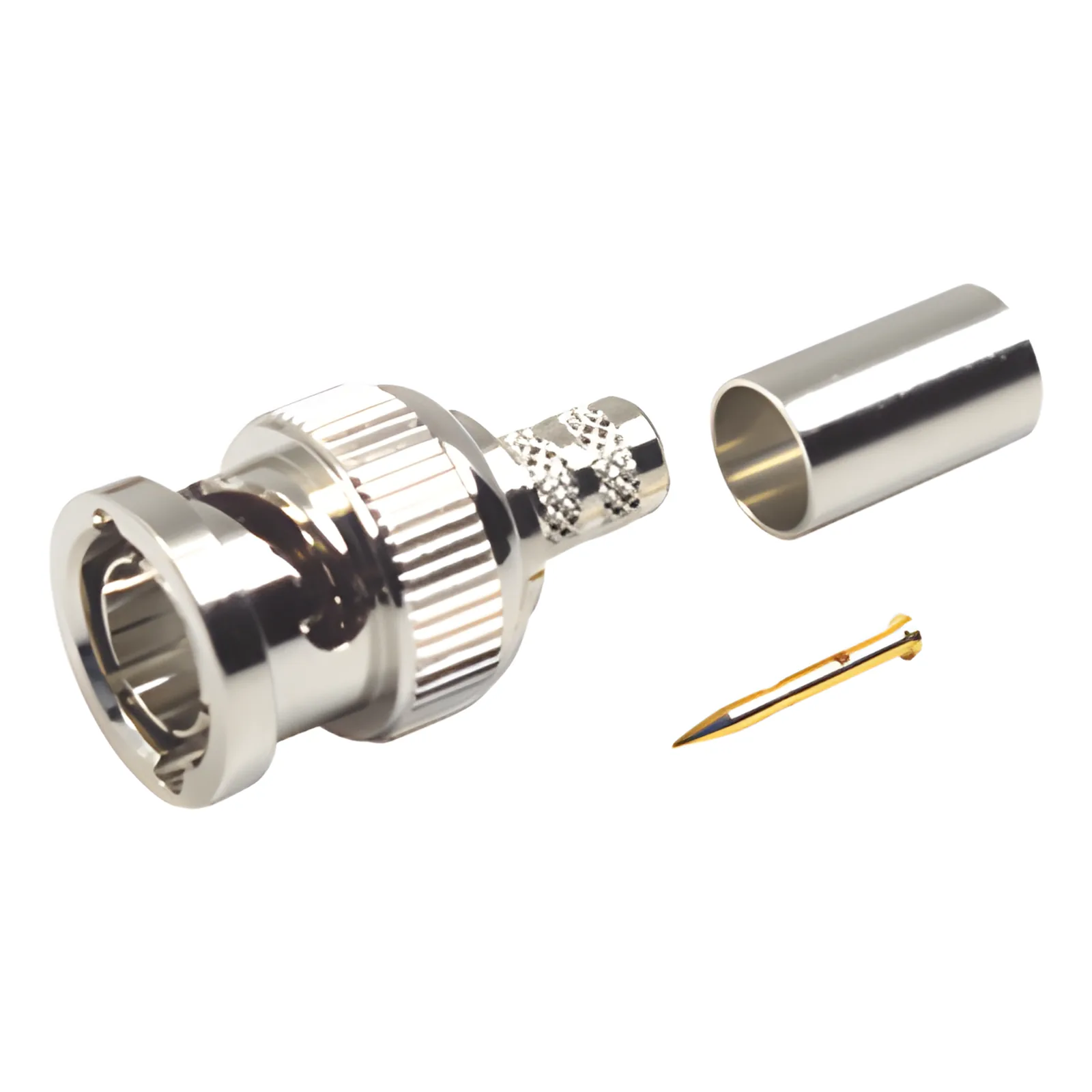 Conector BNC Macho en 75 Ohm, Anillo Plegable para Coaxial 8279, RG-59/U, Níquel/ Oro/ Teflón.