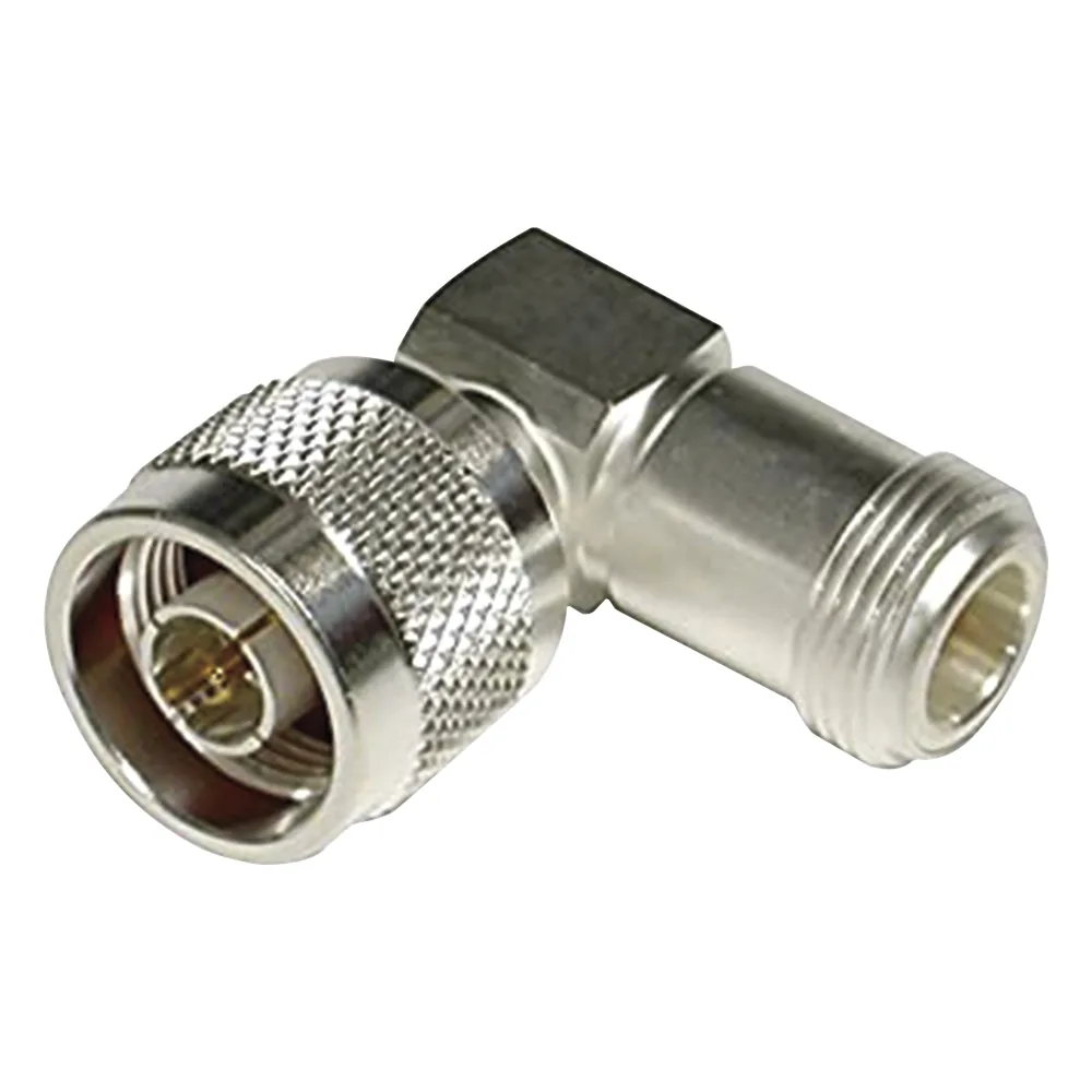 Adaptador en Ángulo Recto, de Conector N Macho a N Hembra, Plata/ Oro/ Teflón.