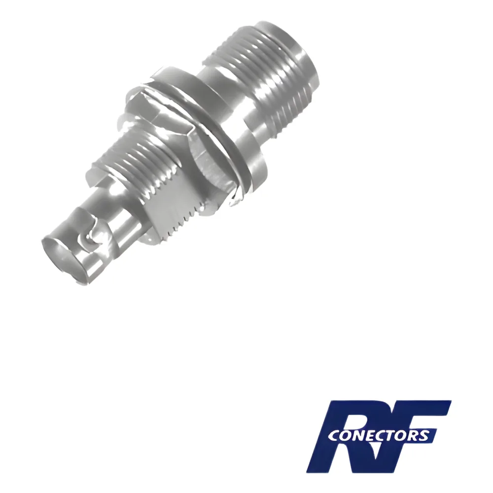 Adaptador en Línea, de Conector N Hembra a BNC Hembra, Montaje en Doble D Plano, Níquel/ Oro/ Teflón.