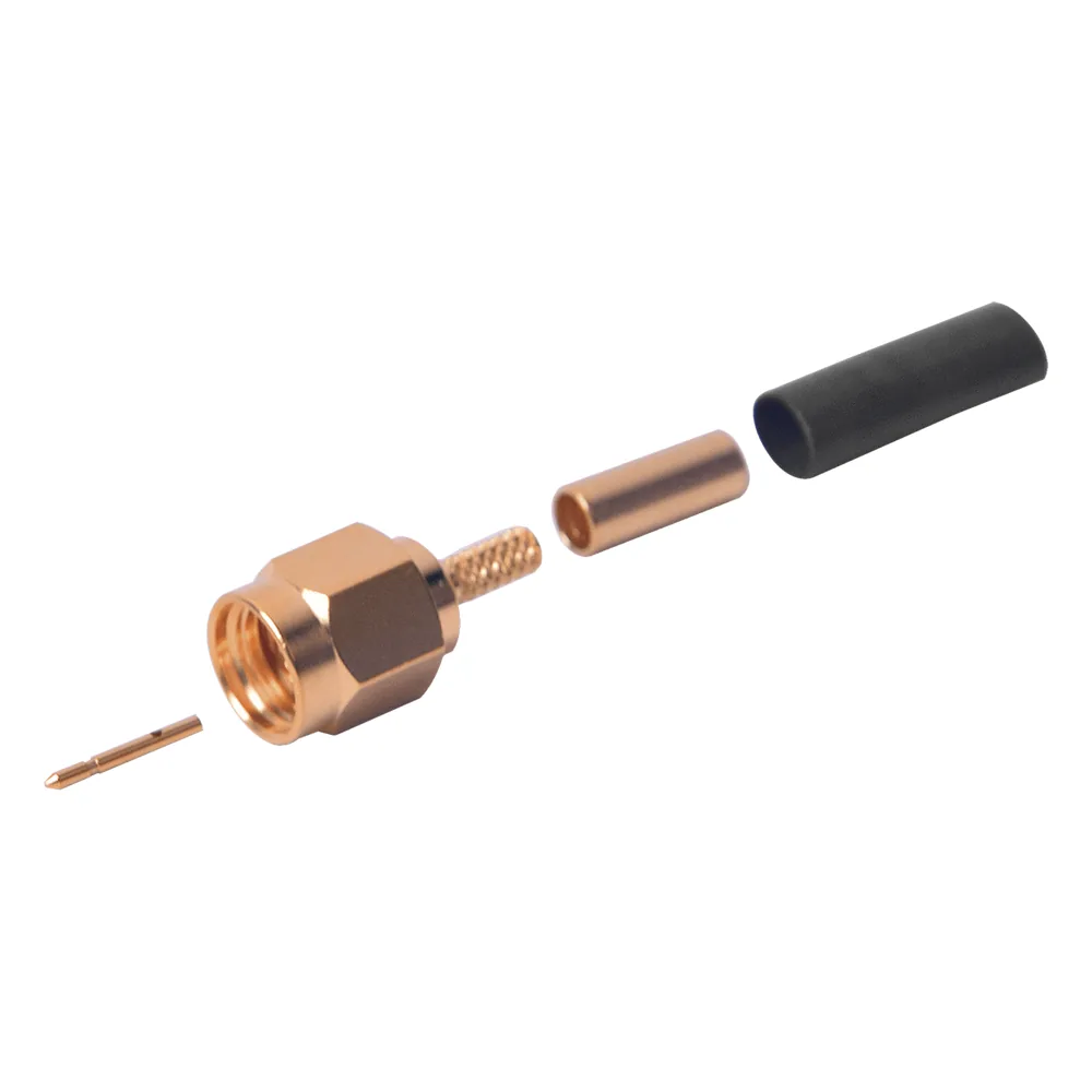 Conector SMA Macho de Anillo Plegable para Cables RG-174/U, 8216, Oro/ Oro/ Teflón.
