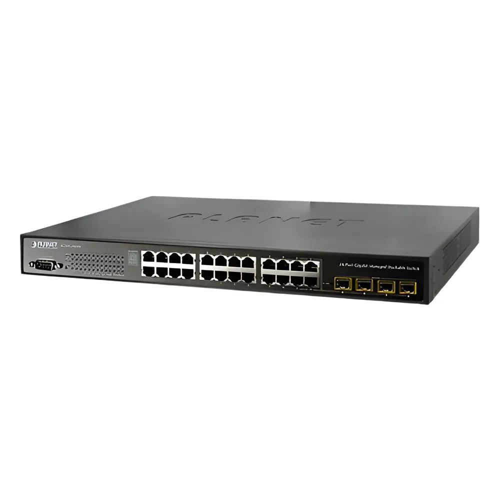 Switch administrable L2 stack gigabit de 24 puertos con PoE 802.3af/at a 10/100/1000 Mbps con 4 puertos SFP 1000 Mbps