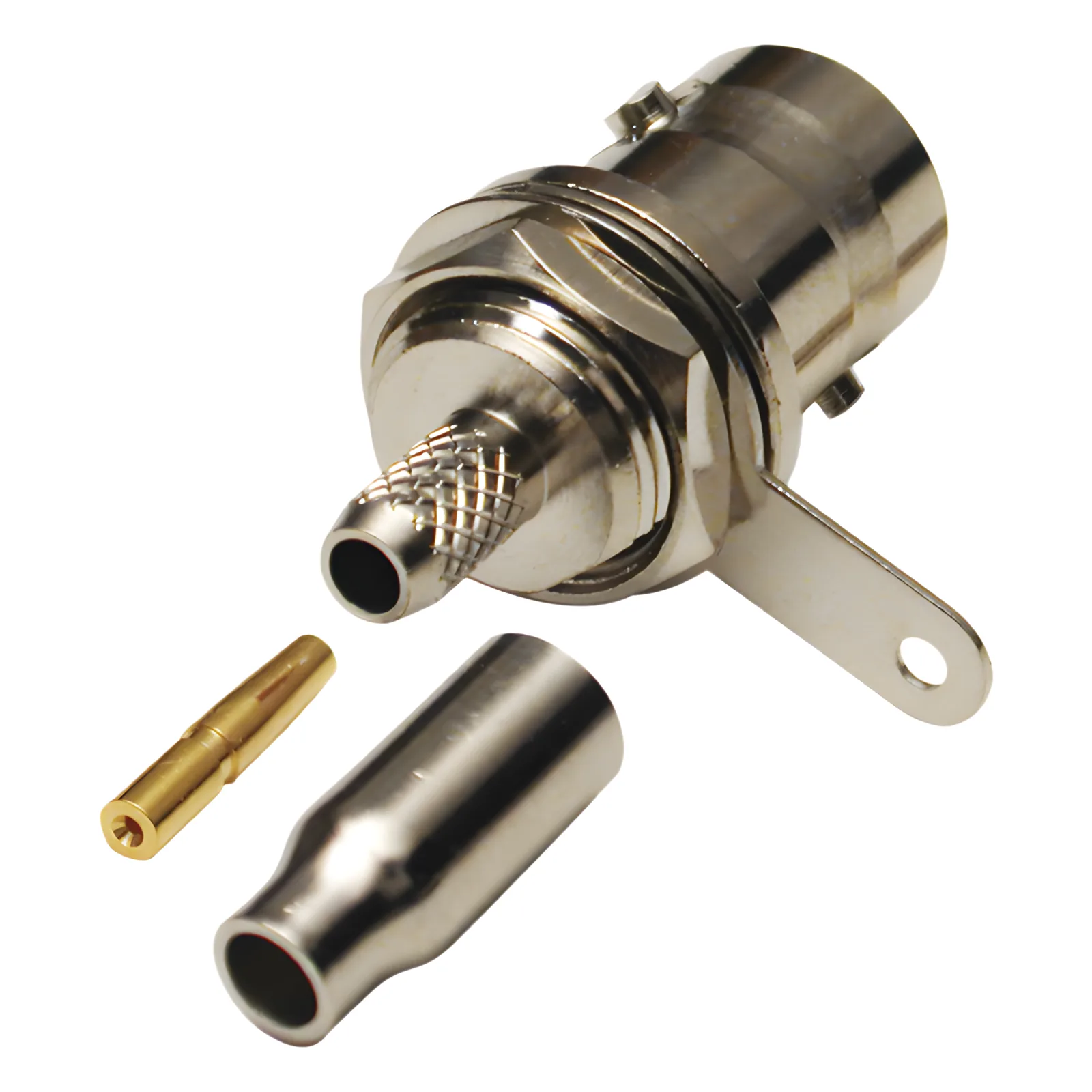 Conector BNC Hembra a 50 Ohm, Montaje Frontal en D-Plano, Anillo Plegable para Cables RG-174/U y RG-316/U, Niquel/ Oro/ Teflón.