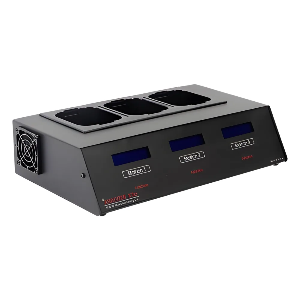 Analizador X3A para 3 estaciones, requiere adaptadores intercambiables por modelo de batería