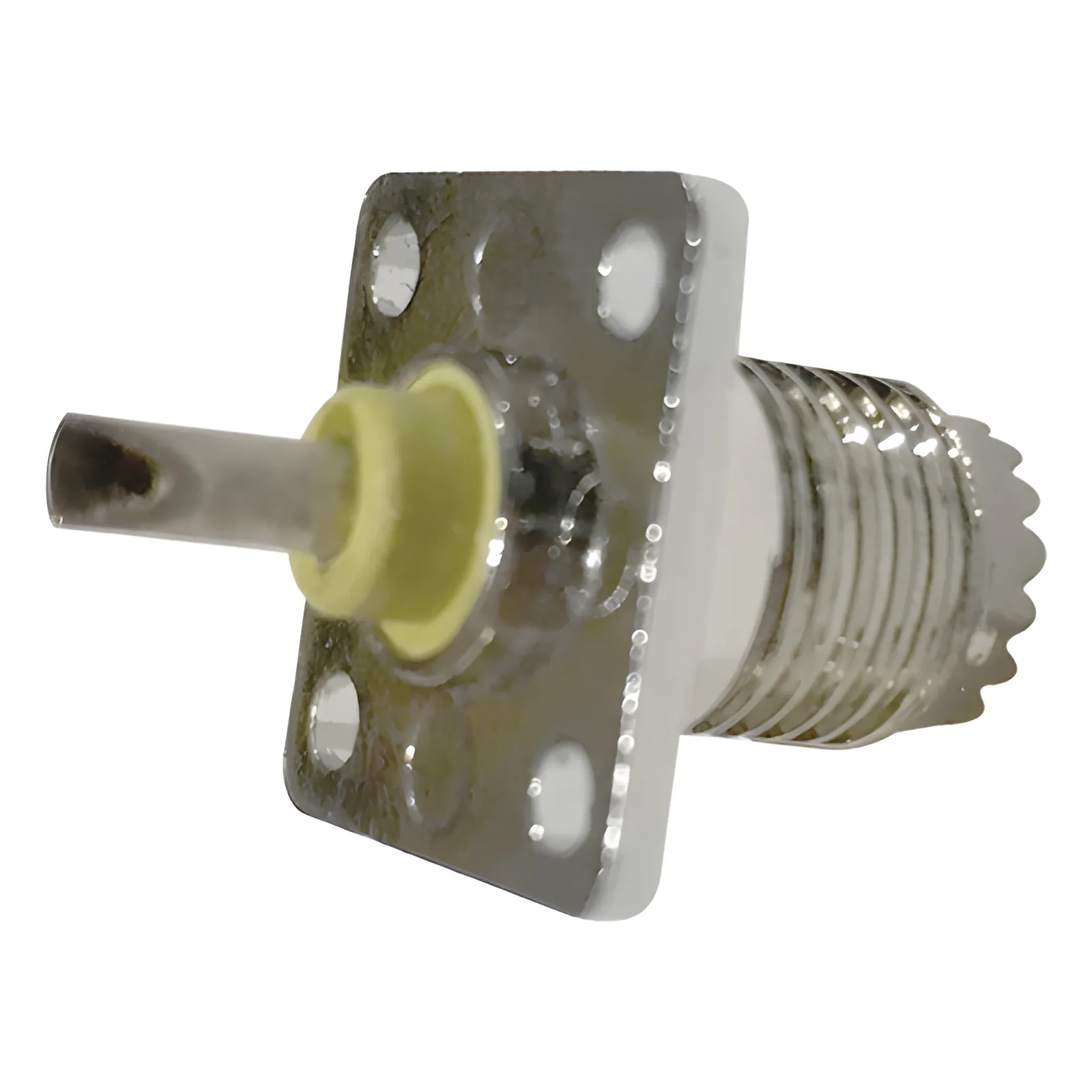 Conector Mini-UHF Hembra, de Montaje en 4 Perforaciones a 13 mm, Níquel/ Oro/ Baquelita.