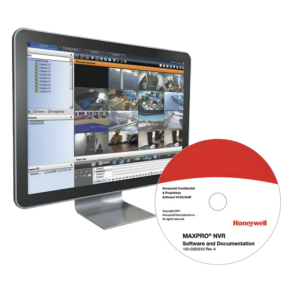 Software NVR para videovigilancia IP con licencia base de 8 canales, compatible con cámaras Honeywell y de terceros
