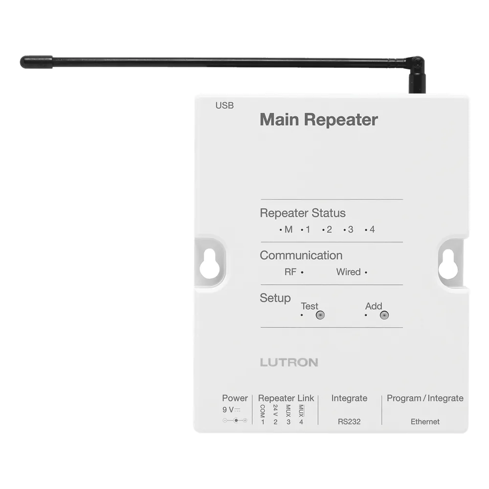 Repetidor principal para sistema de control de iluminación RadioRA 2, con reloj astronómico y puertos Ethernet, RS232 y RS485, admite hasta 100 dispositivos