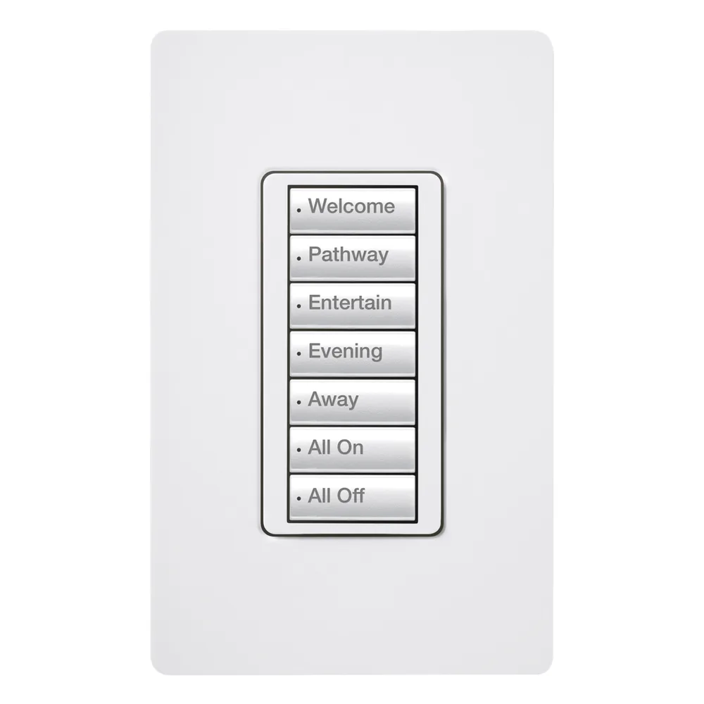 Botonera de pared inalámbrica de 7 botones, retroiluminada, 120 V, color blanco, para el sistema de control de iluminación RadioRA 2
